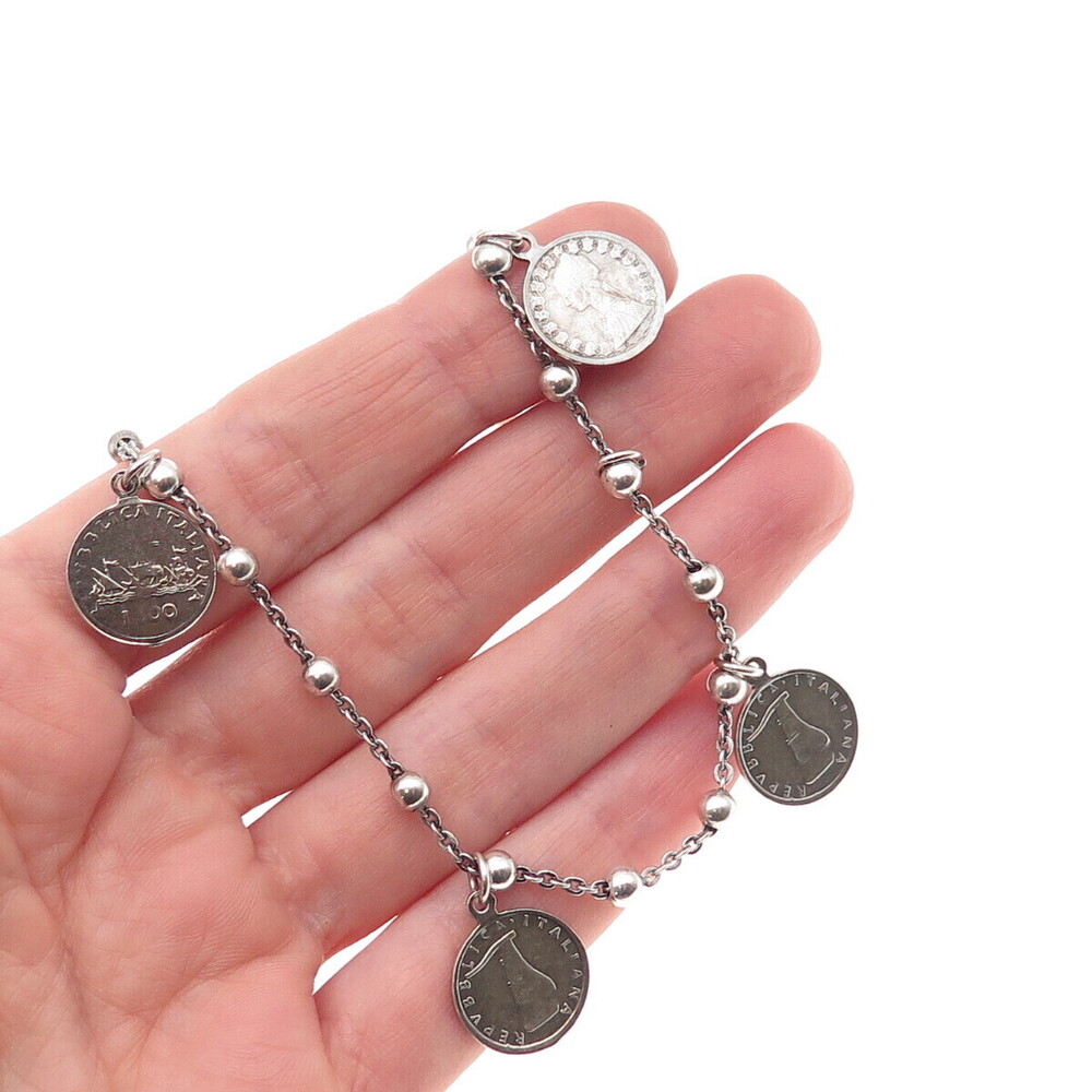 925 Sterling 835 Silver Vintage 1920-70 Italy 5 & 500 Lire Coin Necklace 16-18"